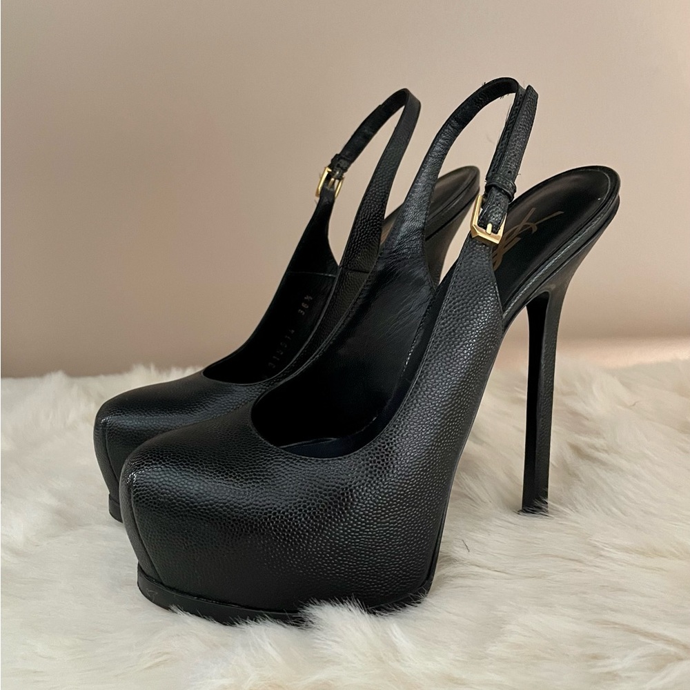 YSL Saint Laurent Slingback Platform Pebble Leather Heels